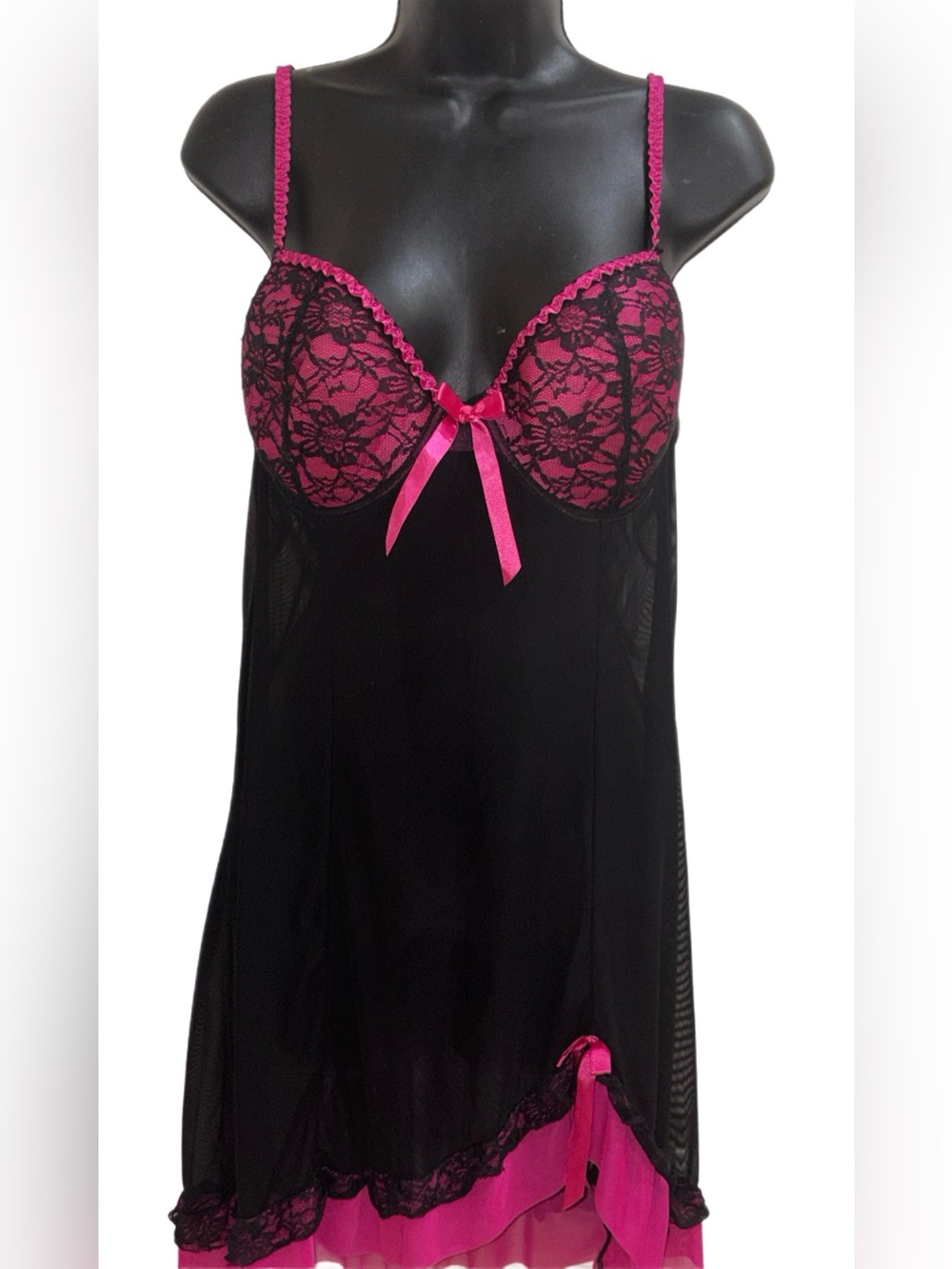 SUPER SEXY Black & Hot Pink Lace-Trim Chemise NightIE❤️